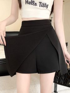 Asymmetric Suit Short Pants Womens High Waist A-Line Skirt Pants Hot Pants Outerwear Zipper Back Slit Fake Two-Piece Suit