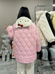Kitty Cat Themed Diamond Grid Detachable Hooded Womens Jacket Thickened Fleece Warm Couple Outerwear Cotton Coat Long Sleeve
