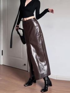 Fashionable Brown High Waist Midi Skirt with Front Split for Women Autumn New Style Retro Straight Cut Skirt Commute Korean Style