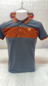 เสื้อโปโล สีเทาดิน คาด อก ป้ายโลโก้หนัง เสื้อโปโลผู้ชาย เสื้อโปโลชายแฟชั่น เสื้อโปโลลำลองผู้ชาย