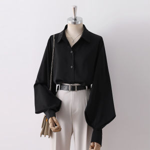 เสื้อเชิ้ตผ้าชีฟองสีดำแขนโคมไฟสำหรับผู้หญิง ฤดูใบไม้ผลิและฤดูใบไม้ร่วง ดีไซน์ใหม่ เสื้อแขนพองสไตล์เกาหลี แขนยาว ปกโปโล เสื้อผ้าทำงาน