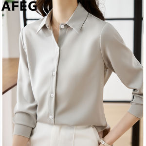 AFEG solid color Korean version shirt collar simple fashion loose professional satin long sleeve blouse for women
