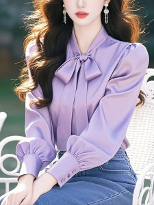 French Style Beautiful Purple Long Sleeve Shirt Womens Spring Autumn New Style Butterfly Knot Super Good Looking Blouse