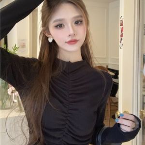GUZILIAN | Áo thun dài tay ôm vừa vặn cao co giãn cao cổ cao mùa thu đông mới Áo sơ mi cơ bản bên trong Áo khoác ngoài gợi cảm Pure Desire