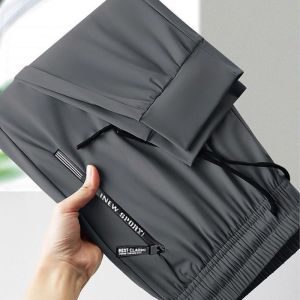 Mens Summer Thin Ice Silk Sporty Cargo Pants with Zipper Loose Elastic Waist Quick Dry Breathable Long Trousers for Work