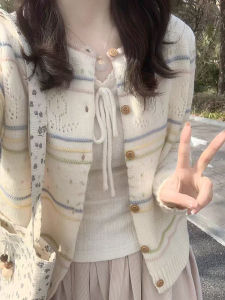 Áo Khoác Len Dệt Kim Sọc Nhiều Màu Cho Nữ Mùa Xuân Thu Phong Cách Hàn Quốc Áo Len Cardigan Hở Bên Trong Nhỏ Nhắn Áo Len