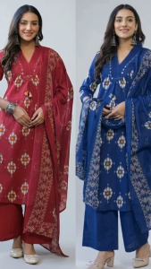DEBAYU Readiprint Cotton A Line Kurti with Bottom and Dupatta Set Embroidered Neckline Size M to 3XL Malaysia