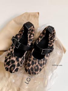French Style round Head Mary Jane Shoes with Buckle Soft Bottom Leopard Print Ballet Flat Low Cut Women Grandmother Shoes