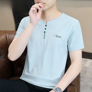 HENGYUANXIANG | Casual Loose Comfortable Mens Short Sleeve T-Shirt Henry Collar Summer New Style Youth Fashion Anti-Wrinkle Retention Thin Model