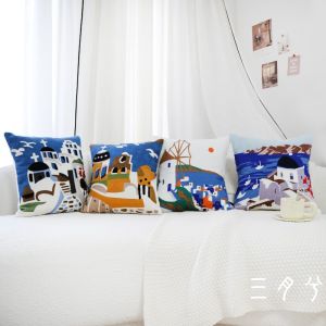 New Mediterranean Style Embroidered Cotton Pillowcase Blue Sofa Pillow Childrens Room Window Seat Cushion Universal Decor