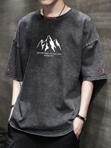 ROMON | Romon Mens Denim Short Sleeve T-shirt Summer Thin Round Neck Printed American Retro Washed Mens Fashion Top Cool Feeling