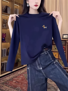 Womens Pure Cotton Long Sleeve T-Shirt Design Sensation Small Audience Shoulder Line Fashionable Versatile Royal Blue Top