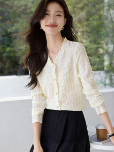 MOHANYIMEI | Design Elegant Slim V-neck T-shirt With Wooden Ear Design Autumn