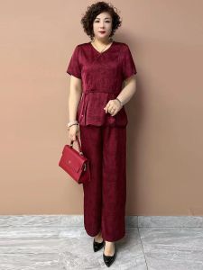 New Chinese Style Summer Outfit for Mom Short Sleeve Floral Print Top And Pants Two Piece Set Womens Fashion over 35 Years Old