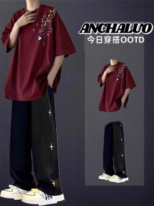 เสื้อยืดแขนสั้นผ้าฝ้ายแท้สไตล์จีนใหม่สำหรับผู้ชาย ชุดสองชิ้น ทรงหลวม ลำลอง แขนสั้น แฟชั่นฤดูร้อน ชุดเสื้อยืด