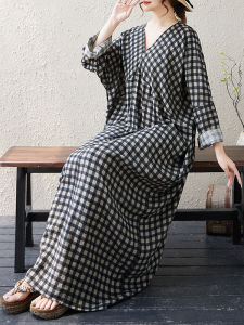 Váy Dài Tay Rộng Rãi in Hoa Cotton Lanh Phong Cách Pháp Cho Nữ Mùa Thu Cổ Chữ V Váy Chữ a Dáng Chữ a Váy Công Sở