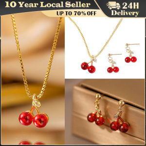 Cherry Pendant Necklace Stud Earrings Set for Women Fashion Zircon Fruit Jewery Set Party Wedding Girls Jewelry Gifts
