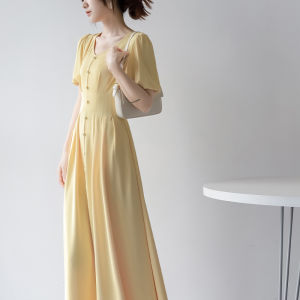 High Quality V-neck Bubble Sleeve Long Dress Slimming Waist Commute Style Pure Color A-line Skirt Short Sleeve Summer Dress
