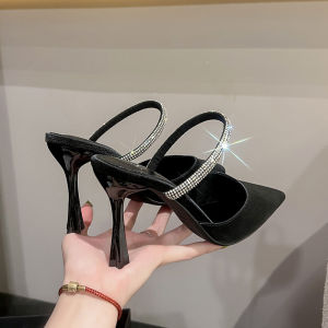 Spring Summer Diamond Embellished Womens Sandals Half Slip-On Slippers Buckle High Heels Korean Style Ultra-Fine Fiber