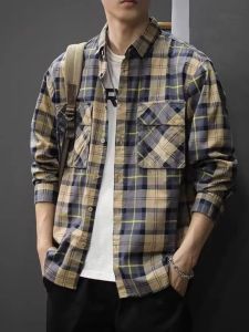 American Retro Long Sleeves Gingham Shirt Men Ins Fashion plus Size Workwear Shirt Coat Trendy Boys 2024