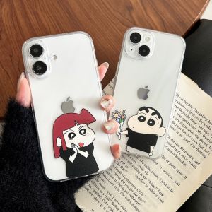 Cute Cartoon Crayon Shinchan Love Confession Phone Case for iPhone 16 pro Max Apple 15 plus 14 Transparent 13 pro New Model 12 Anti-Fall Cover 11/XR Famous 8p Silicone 7/6s