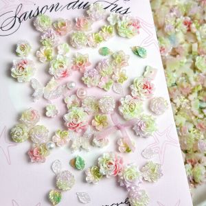 50PCS Novelty Soft Camellia Peony Rose Resin Nail Charms Random Mixed Colorful Butterfly Bow Leaf Nail Art Decorations DIY Nails