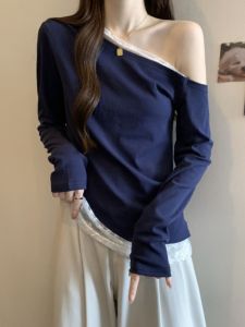 Shoulder Bared Long Sleeve T Shirt Women Early Autumn New Large Size Fat MM Sweet And Spicy Chic Lace Splicing Top