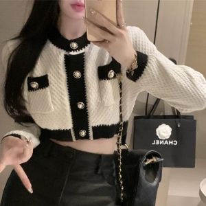 New Style Color Block Long Sleeve round Neck Short Knitted Cardigan Womens Fashionable Pocket Outerwear Autumn Season