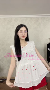 Set Quảng Châu mặc hè đồ nữ đi biển áo tim in full form babydoll phối Ren kèm quần short lưng cao