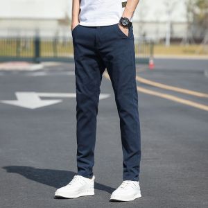 ROMON | Romon Mens Casual Cotton Pants Summer Thin Straight Leg Business Suit Elastic Waist Long Trousers Fashionable Urban Style