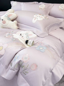 Cute Floral Embroidery Soft Pure Cotton Purple Bedding Set