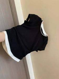 Stylish Contrast Colors False-Two-Piece Shoulder T-shirt Womens Short Sleeve Summer Tide Silm Slim Looking Ruched Chic 100% Cotton Coat