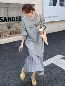 Grey Patchwork Sweatshirt Dress Womens Loose Fit Casual Style Long Dress Autumn New Korean Style Print Loose Waist Polyester Fiber