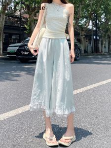 La Chapelle | Slimming High Waist Lace Trim Wide Leg Pants