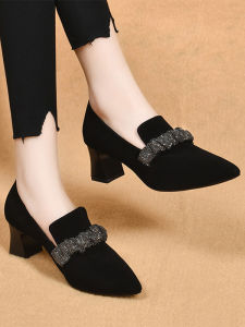 Spring 2025 mid Heel Single Shoes Womens Genuine Cashmere Pointed Toe Comfortable Soft Bottom Thick Heel Leather Shoes