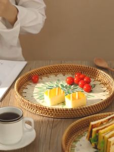 Rattan Tray with Mother of Pearl Inlaid Wooden Base Breakfast Tray Round Tray as Coffee Table Decoration Storage Display Tray