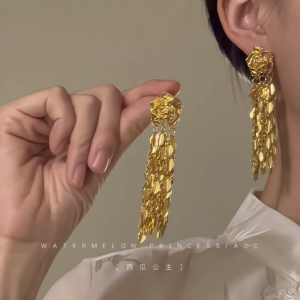 Rose Wheat Ear Rings Chinese Style Womens Ancient Costume Gold Flower Tassel Match Qipao Hanfu Earring Decorations