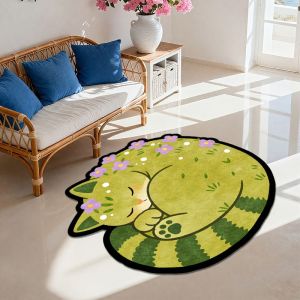 VIKAMA Sleeping Green Cat Round Rug Non Slip Living Room Mat Soft Bedroom Bedside Carpet Home Decor