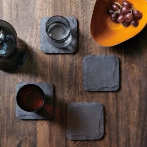 Slate Dining Mat Black Slate Stone Coaster Plate Japanese Style Coffee Tea Drink Coaster for Home Bar