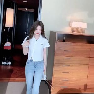 Kaos Polo Pendek Wanita Atasan Ramping Pinggang Tinggi Korea