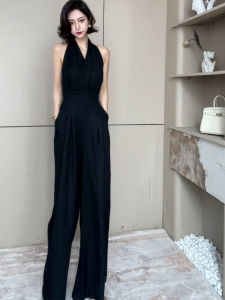 SHANGSHA | Elegant and Stylish Black High Waist Halter Jumpsuit for Autumn