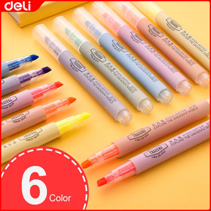Deli 6 Colors Highlighter Pen Pastel Marker School Supplies Aesthetic