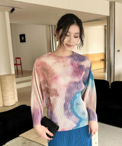 Miyake High-End Pleated Japanese and Korean Casual Printed Batwing Sleeve T-shirt #3239