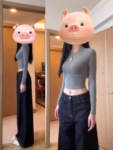 เสื้อยืดแขนยาวทรงสลิมฟิตสำหรับผู้หญิง สไตล์อเมริกัน สีเทา เสื้อเชิ้ตเข้ารูป เสื้อคลุมกันหนาวแบบสั้น ใส่ได้ตลอดทั้งปี