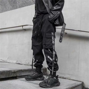 Black Cargo Pants Men Joggers Cargo Trousers for Men Jogging Japanese Streetwear Hip Hop Hippie Techwear Gothic Ribbon Pants