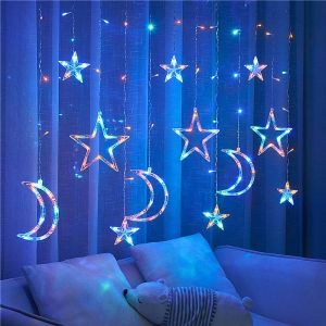 Star Moon Lamp Fairy Curtain String Lights Christmas Garland Outdoor For Bar Home Wedding Party Garden Window Decor Plug-in Star and Moon String Lights Outdoor 8 Modes Curtain Lights Waterproof Fairy Lights LED Lights Starry Sky Lights