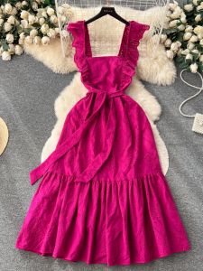 Miss Qianjin Style Flying Sleeve Sling Dress Womens Summer Cut Out Embroider Backless Lace up Stylish Long Dress