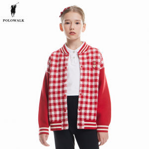 เสื้อสเวตเตอร์คอโปโลสีแดง POLOWALK เสื้อคลุมคาร์ดิแกนถักสำหรับเด็กผู้หญิง ฤดูใบไม้ร่วง 2024 เสื้อคลุมคาร์ดิแกนคอโปโลสเวตเตอร์ถักสำหรับเด็ก