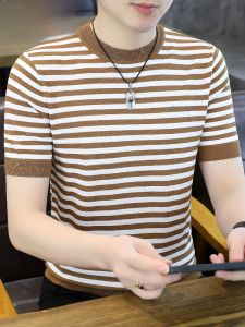 HENGYUANXIANG | เสื้อยืดคอกลมแขนสั้นผ้าไหมน้ำแข็งลายทางสำหรับผู้ชาย เสื้อผ้าทำงานฤดูร้อน ผ้าฝ้ายผสมโพลีเอสเตอร์ ระบายอากาศได้ดี เสื้อเชิ้ต