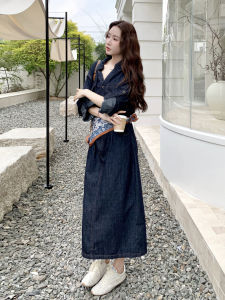 Artistic Style Denim Blue Scarf Decorated Womens Dress Shirt Skirt Two-Piece Set High Waist Long Sleeve Casual Button-Up